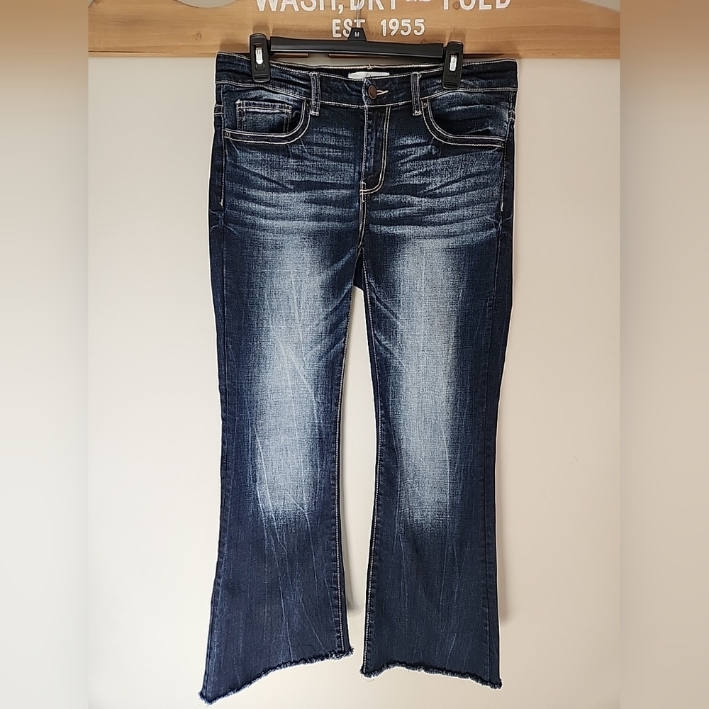 BKE Payton Mid-Rise Cropped Flare Jeans Dark Wash Raw Hem Stretch Denim 34x27